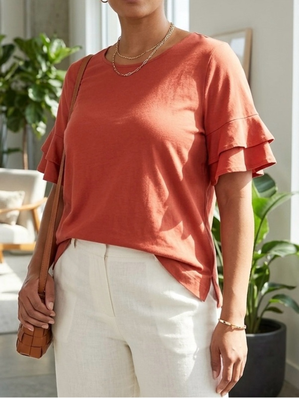 Chico's Terracotta Rust Ruffle Layered Sleeve‎ Tee Top Cotton Modal Size 2 L